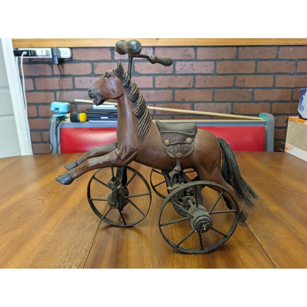 Vintage Velocipede Victorian Era Hand Carved & Cast Iron Tricycle Horse 16” Toy